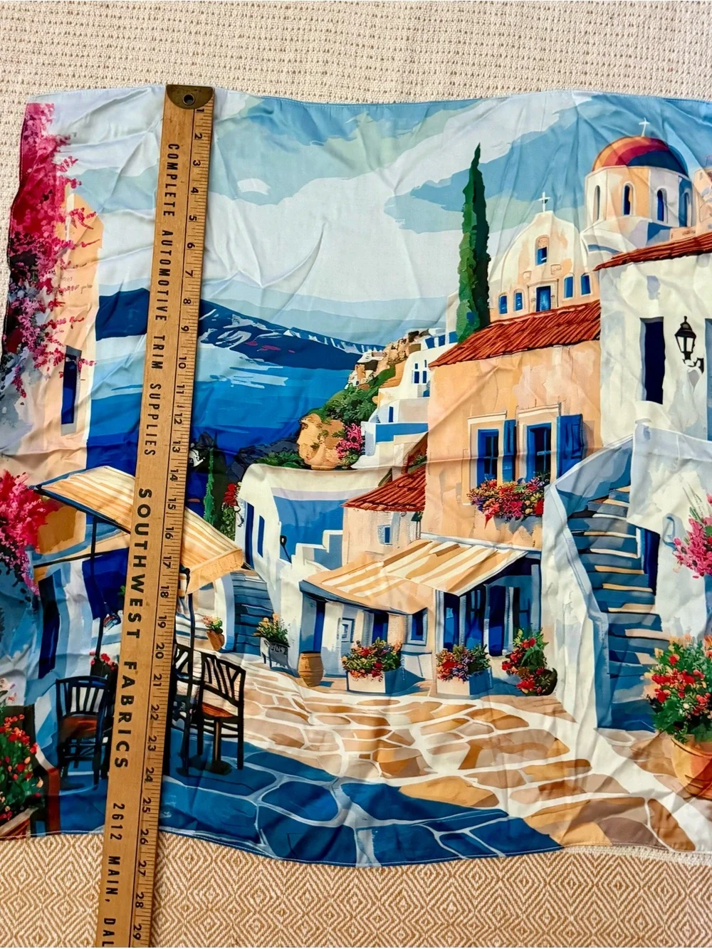 Souvenir Scarf Depicting a Mediterranean Street Scene. NWOT